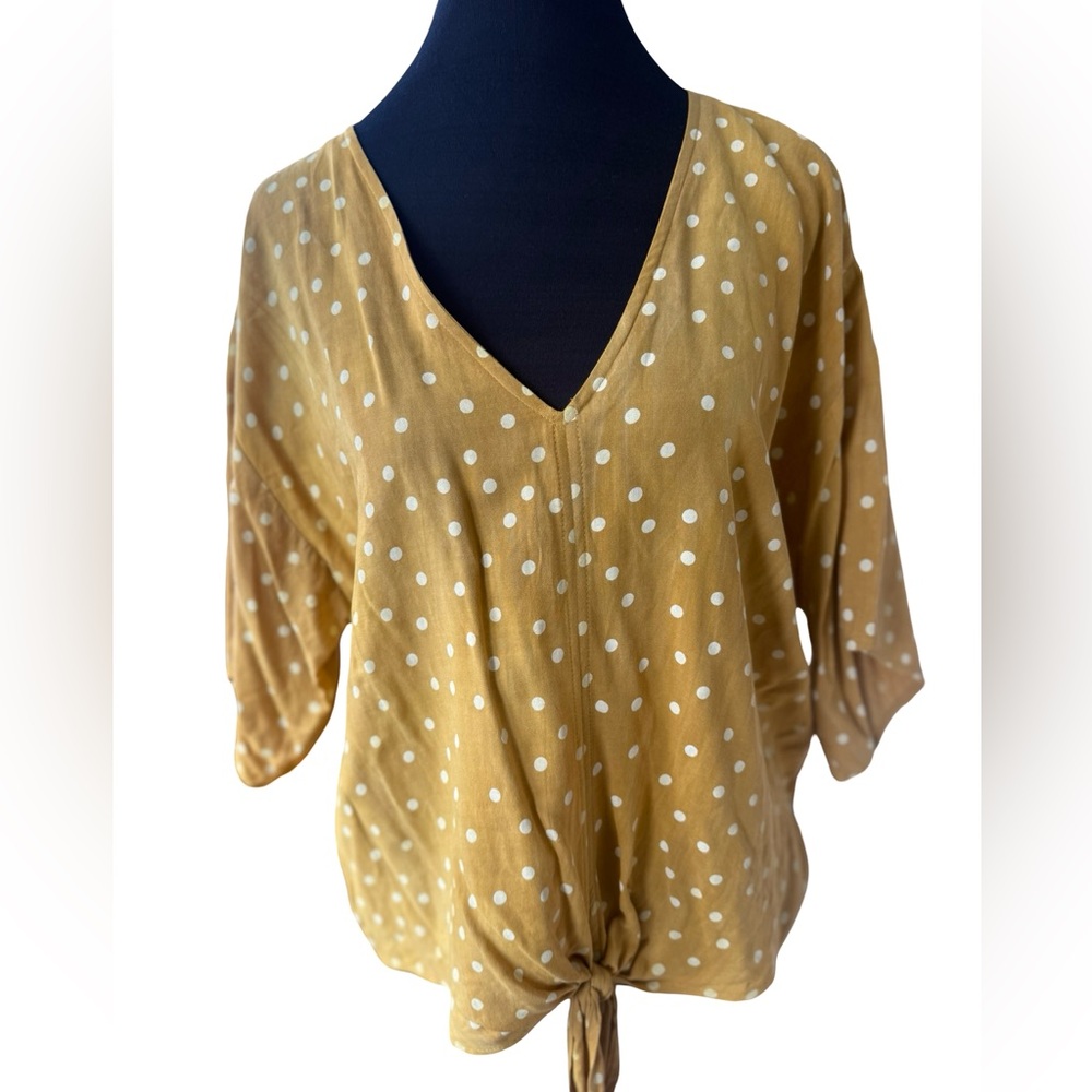 Veronica M Gold and White Polka Dot Short Sleeve Blouse Size XS